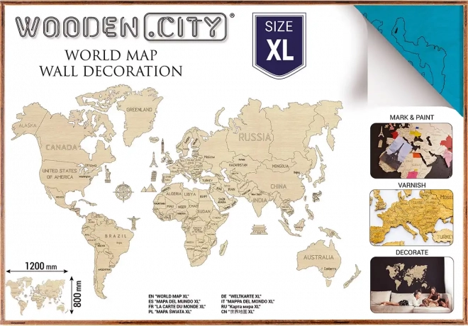 Fából készült világtérkép 3D falra XL – természetes türkiz