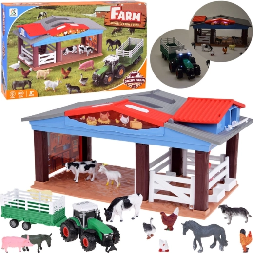Gyermek farm állatokkal, traktorral és pótkocsival, fénnyel és hanggal