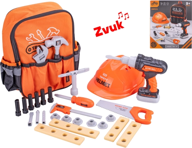 Gyermek szerszámkészlet akkumulátoros fúróval és hátizsákkal, 28 darab