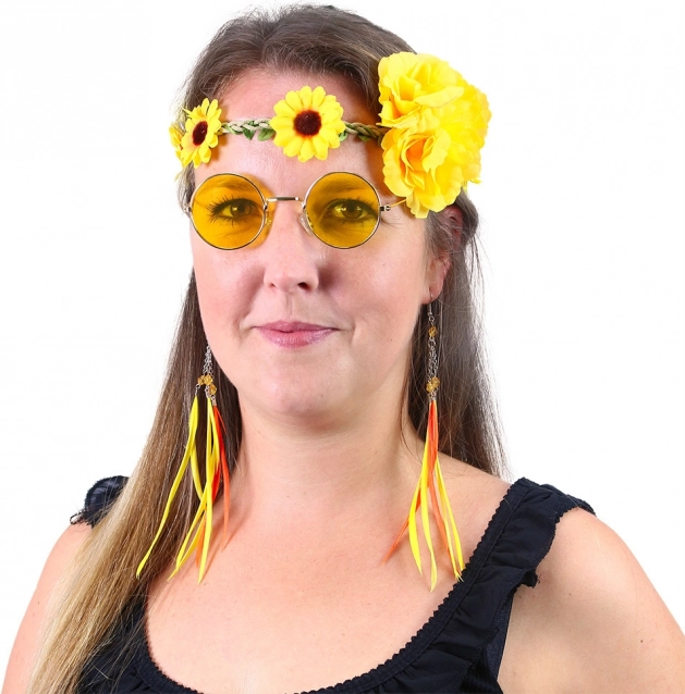 Sárga Hippies Készlet - Fejpánt, Fülbevalók és Szemüveg