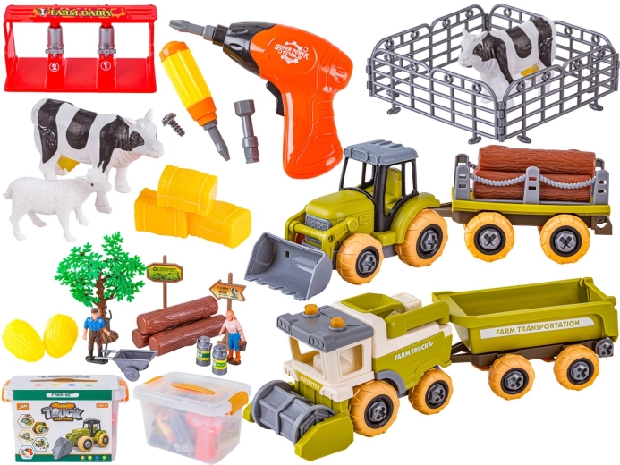 Mini farm csavarozós készlet traktorral, kombájnnal és tartozékokkal bőröndben