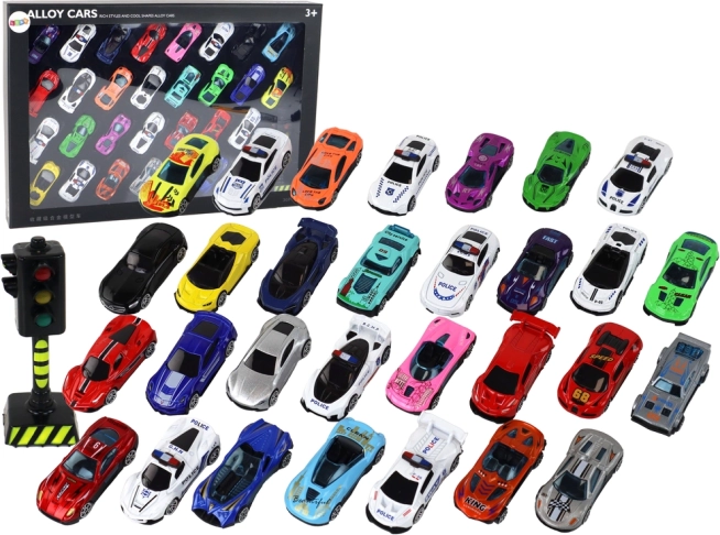 Alumíniummodell Kisautók Készlete Dobozban 30 Darab Sport- és Rendőrautók