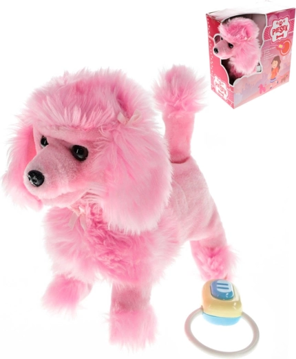 Plüss uszkár (pudli) rózsaszín pórázon, hanggal, 23 cm