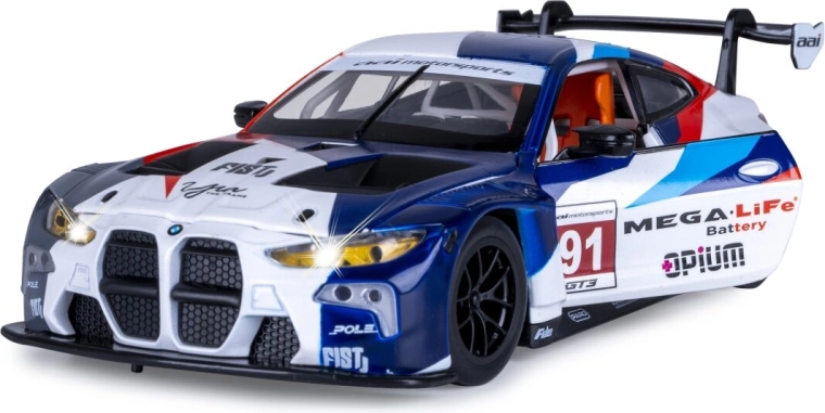 BMW M4 GT3 fémmodell 1:24 méretarányban, fehér, fény- és hanghatásokkal