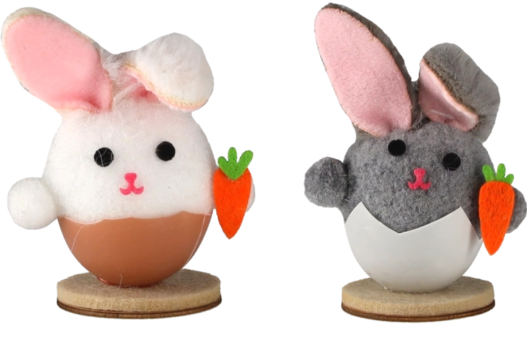 Húsvéti dekoráció nyuszi tojáshéjban fa talapzaton