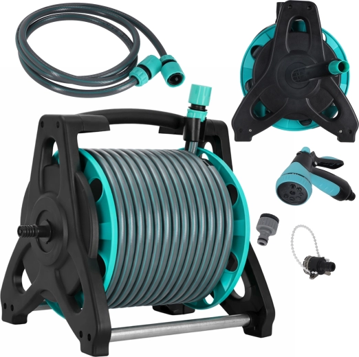 Kerti tömlő 30 m-es csévélődobon állvánnyal és szórófejjel