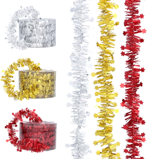 Karácsonyi bojtfüzér csillagokkal, 7 m – piros, arany és ezüst