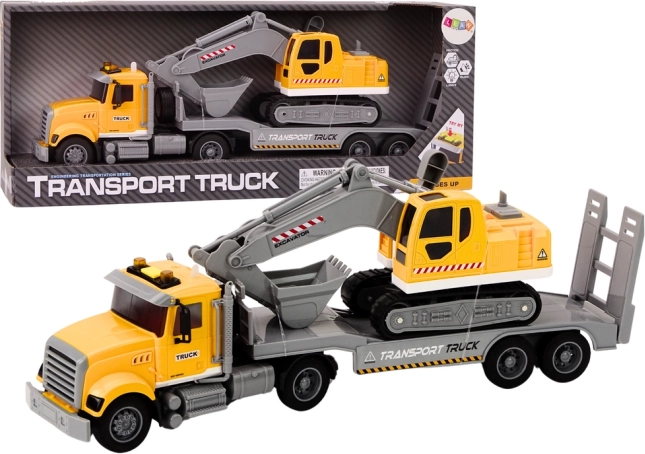 Sárga teherautó lánctalpas kotrógéppel fénnyel és hanggal