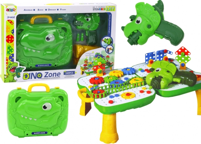 Gyerek DIY asztalka DINOSAUR bőrönddel és akkus fúróval, 249 darab