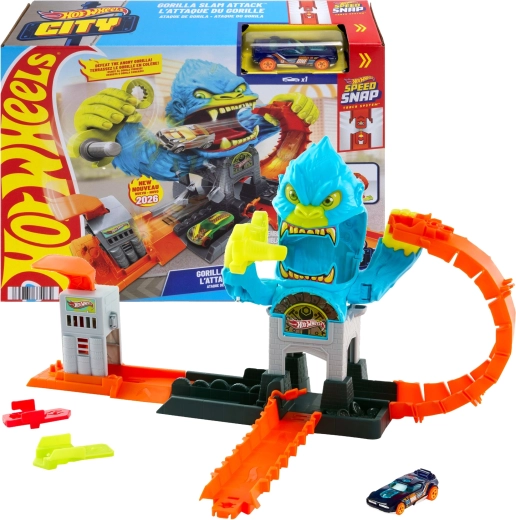 Hot Wheels City Éhes gorilla – Gorilla Slam versenypálya kisautóval