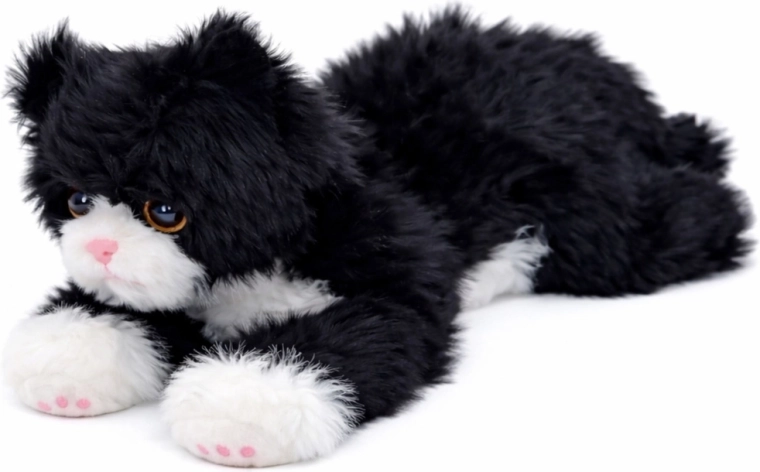 Fekete–fehér, fekvő plüssmacska, 38 cm