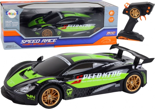 RC sportautó 1:10 zöld‑fekete LED-del és 2,4 GHz