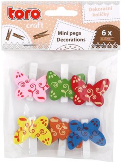 Fa dekorációs csipeszek pillangókkal, 6 db