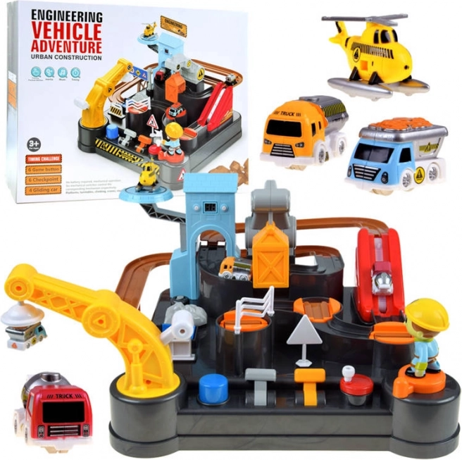 Mechanikus építőpálya kisautókkal és helikopterrel