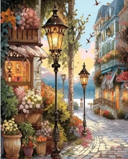 Gyémántmozaik – Virágos utca lámpákkal