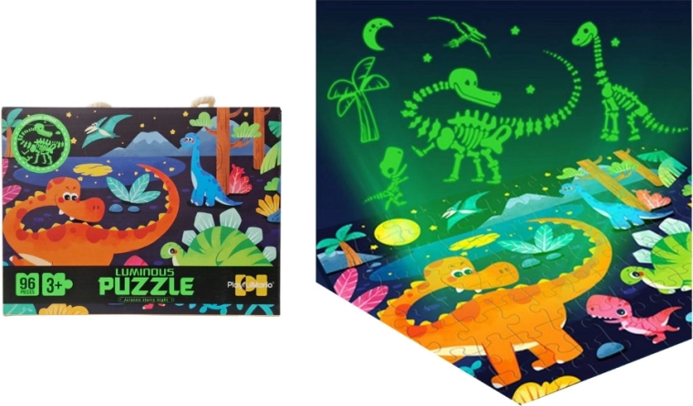Sötétben világító puzzle – dinoszauruszok, 96 darab