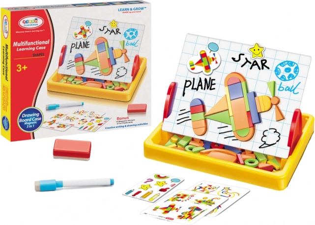 Mágneses rajztábla geometriai formákkal és mágnesekkel