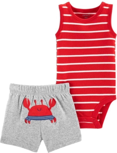 Carter’s nyári szett fiúknak – ujjatlan body és rövidnadrág Red Stripe Crab, 56-os méret