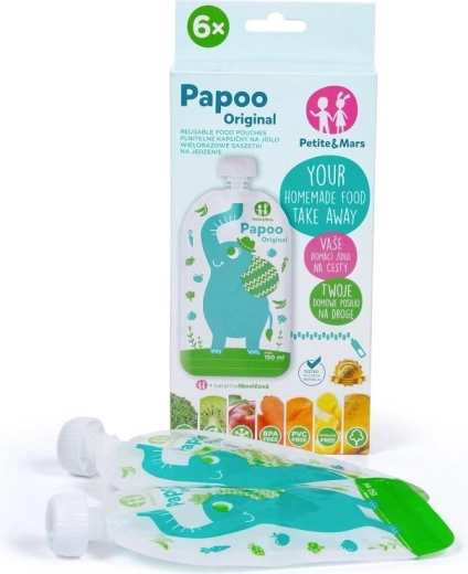 Petite&Mars újrahasználható ételtasakok Papoo elefánt 150 ml (6 db)