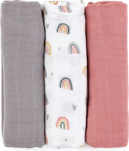 Petite&Mars bambusz muszlin pelenkák Moussy rose rainbows 3 db 68 × 68 cm