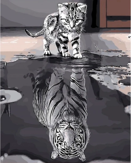 Gyémántkirakó (diamond painting) tükörkép – cica és tigris – 1 db