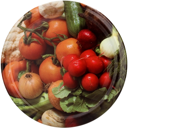 Befőttes üveg tetőkészlet 66 mm zöldség mintával