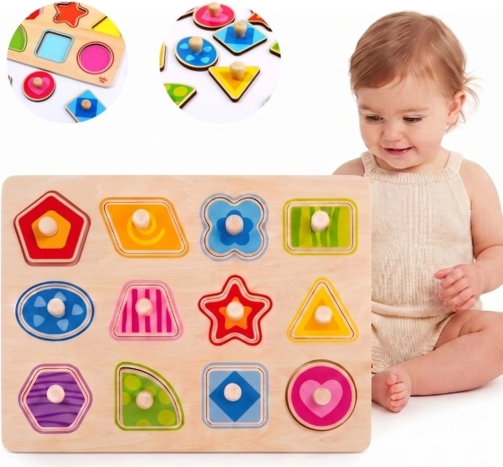 Tooky Toy Montessori fa berakós puzzle formák fogantyúkkal - 1 db