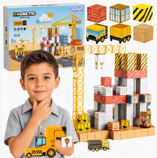 Woopie mágneses kockák 165 db – építkezés építőjáték daruval és markolóval 3D