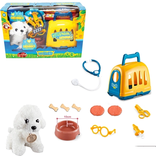 Állatorvosi készlet szállítóboxszal és bichonnal