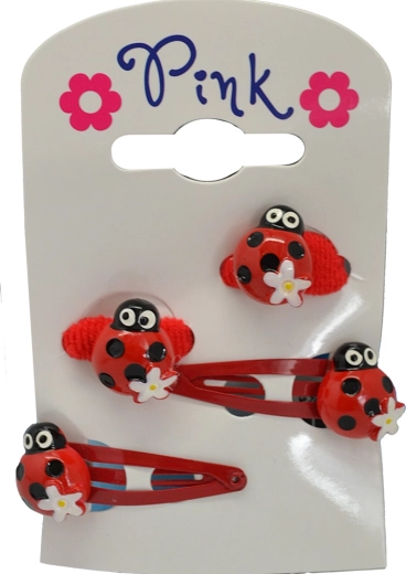 Rózsaszín katicás hajcsat- és hajgumikészlet