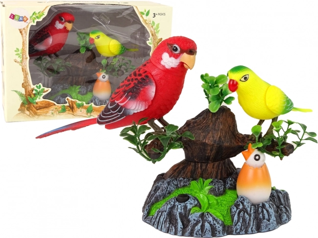 Éneklő mozgó papagájok színes fán