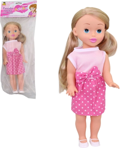 Adélka baba 34 cm rózsaszín nyári ruhában, pöttyös szoknyával