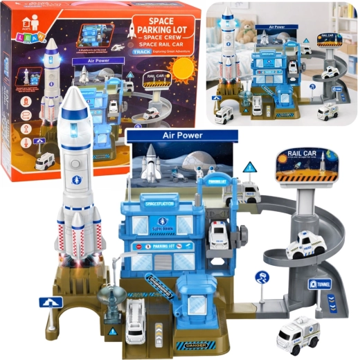 Interaktív űrállomás rakétával és többszintes parkolóval, fényekkel és hangokkal