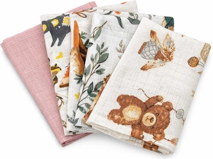 Nyomott mintás NEW BABY pamut pelenkák 60 × 80 cm, lányos, 5 db