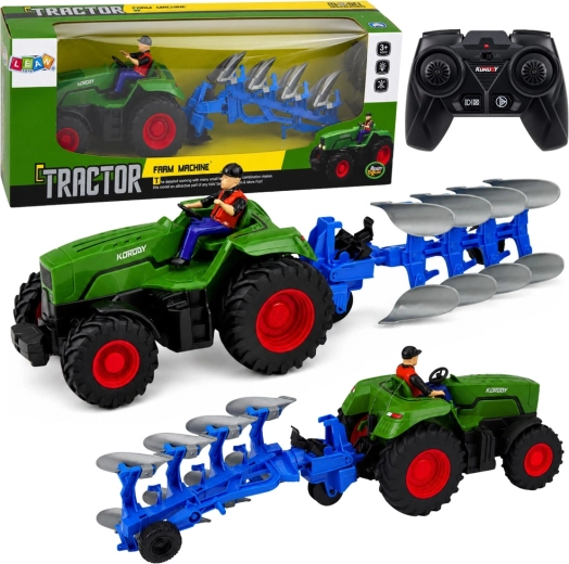 Zöld RC mezőgazdasági traktor ekével és gazda figurával 1:24