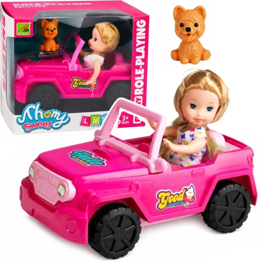 Mini baba rózsaszín terepjáró kabrióban kutyával