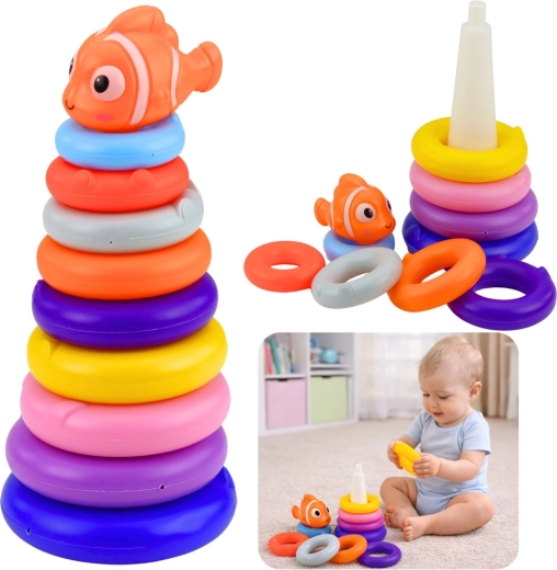 Oktató színes karikatorony halacskával, 10 darab