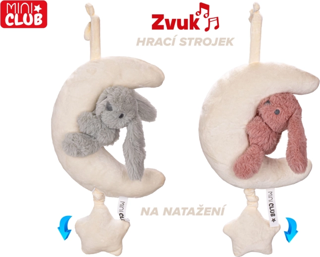 Plüss holdacska nyuszival, felhúzható zeneszerkezettel, 35 cm