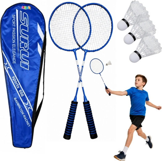 Badminton szett 2 ütővel, 3 műanyag tollaslabdával és tokban – kék