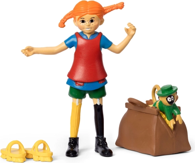 Pippi, a hosszúharisnya figurája – játékkészlet majommal és bőrönddel