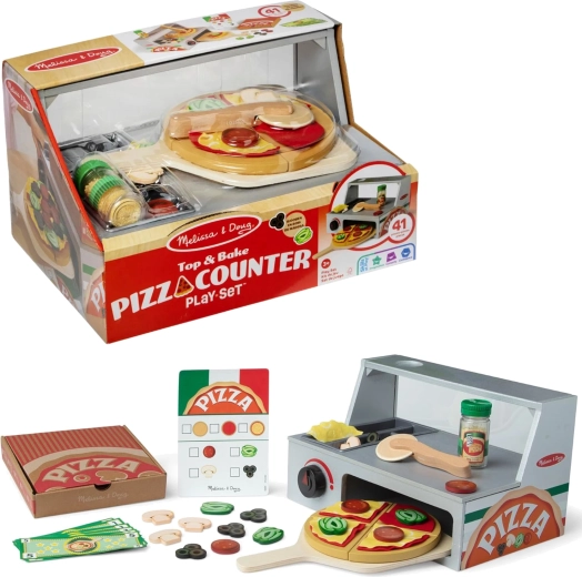 Melissa & Doug fa pizzéria – pizza pult sütővel és kiegészítőkkel (41 db)
