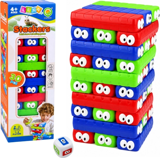 Stackers családi ügyességi játék – torony színes, szemekkel díszített kockákból (30 db)