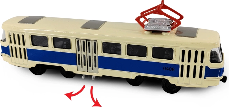 Kék fém retro T3 villamos, 16 cm