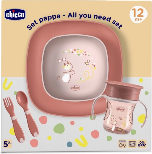 Chicco étkészlet gyermekeknek 360°-os csöpögésgátló pohárral, rózsaszín 12 hó+