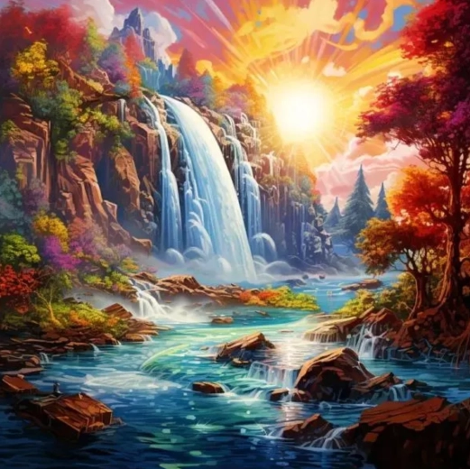 Számozás szerinti festés Vízesés naplementében 40 × 50 cm