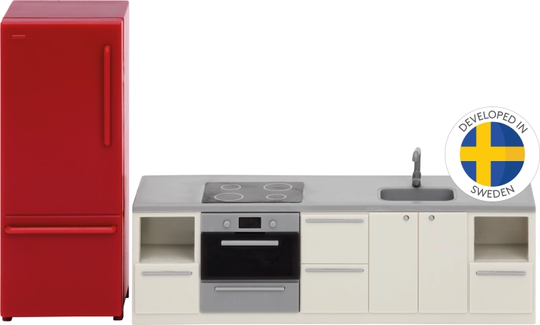 Lundby basic konyhai szett babaházhoz piros hűtőszekrénnyel