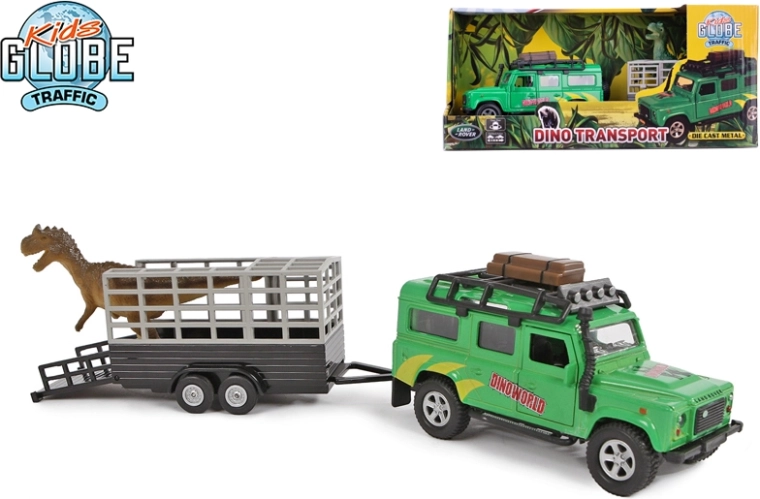 Kids Globe Traffic terepjáró LAND ROVER utánfutóval és dinoszaurusszal 28 cm, fém, felhúzós meghajtás