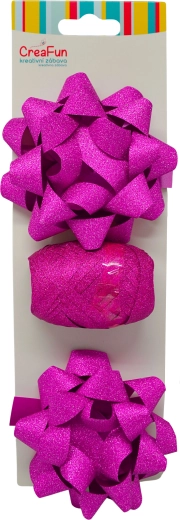 Csillogó ajándékcsomagoló szett világos rózsaszín szalaggal és csillag alakú masnikkal