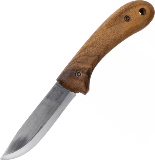 Bushcraft szénacél kés diófa markolattal és bőrtokkal