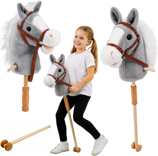 Szürke hobby horse – lovacska rúdon 100 cm, hangokkal és kerekekkel